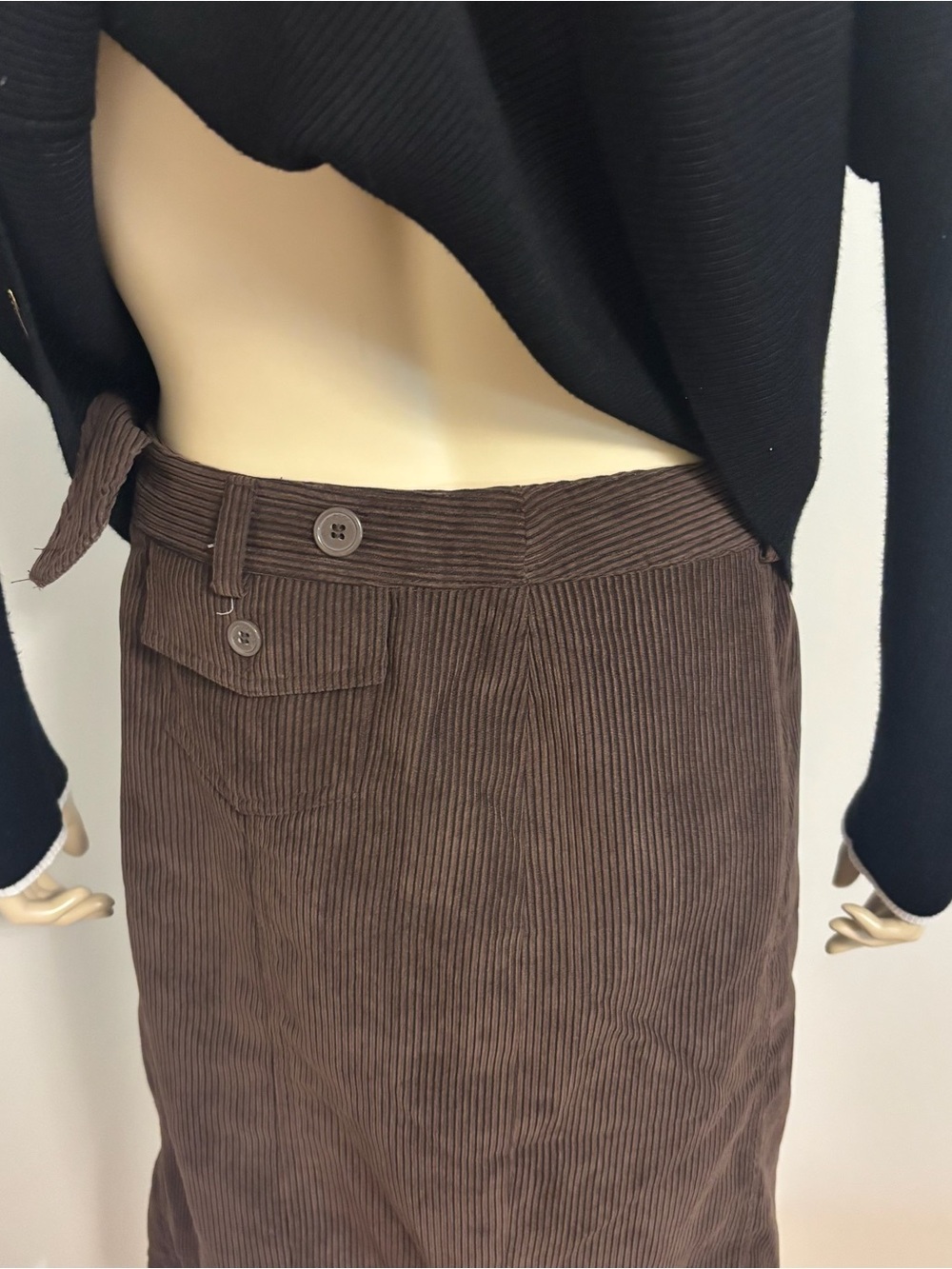 High-Rise Brown Corduroy Midi Skirt with Button Pocket